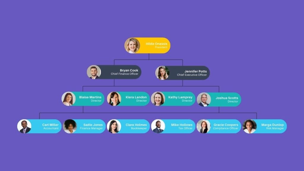 Exemplo de organograma vertical e estrutura hierárquica corporativa
