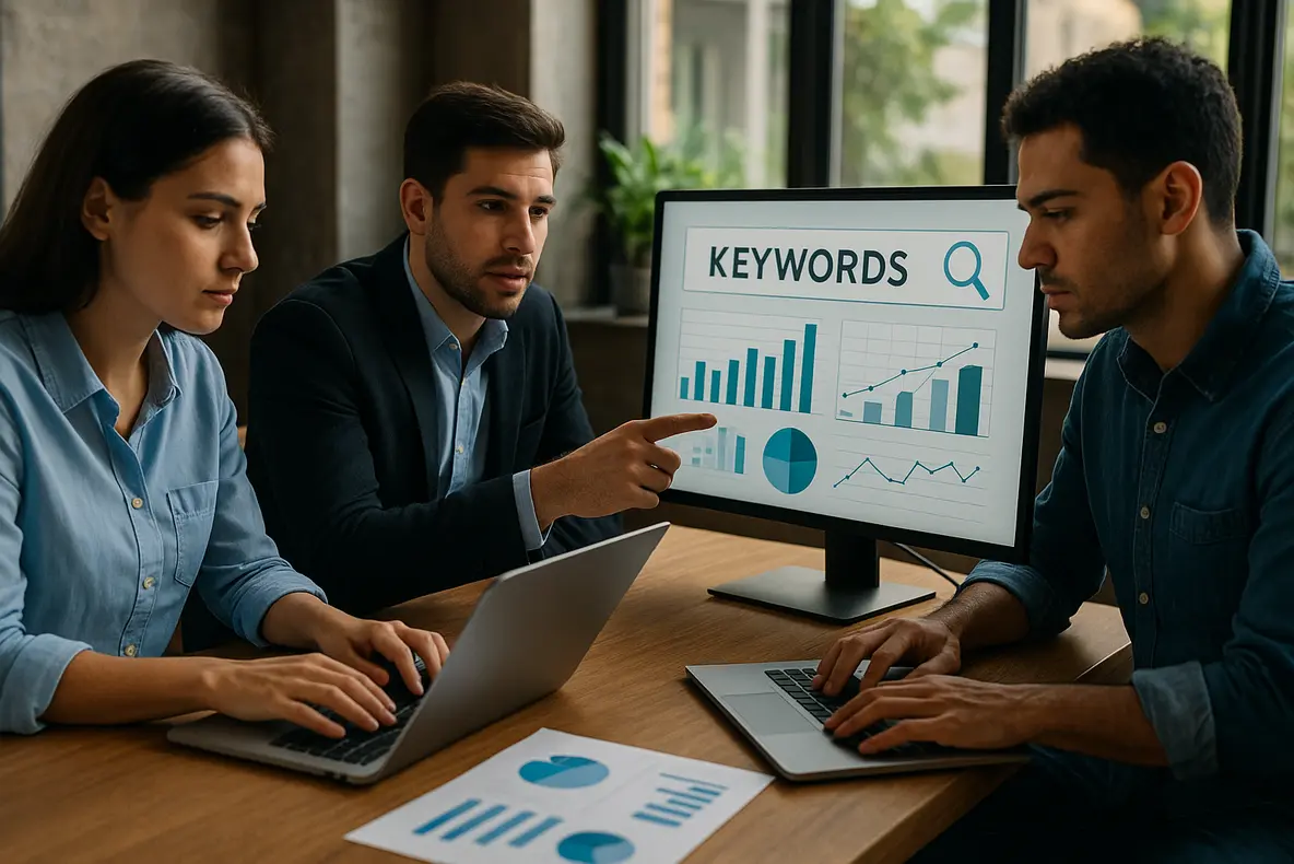 Ilustração corporativa sobre a importância da pesquisa de palavras-chave para marketing digital.