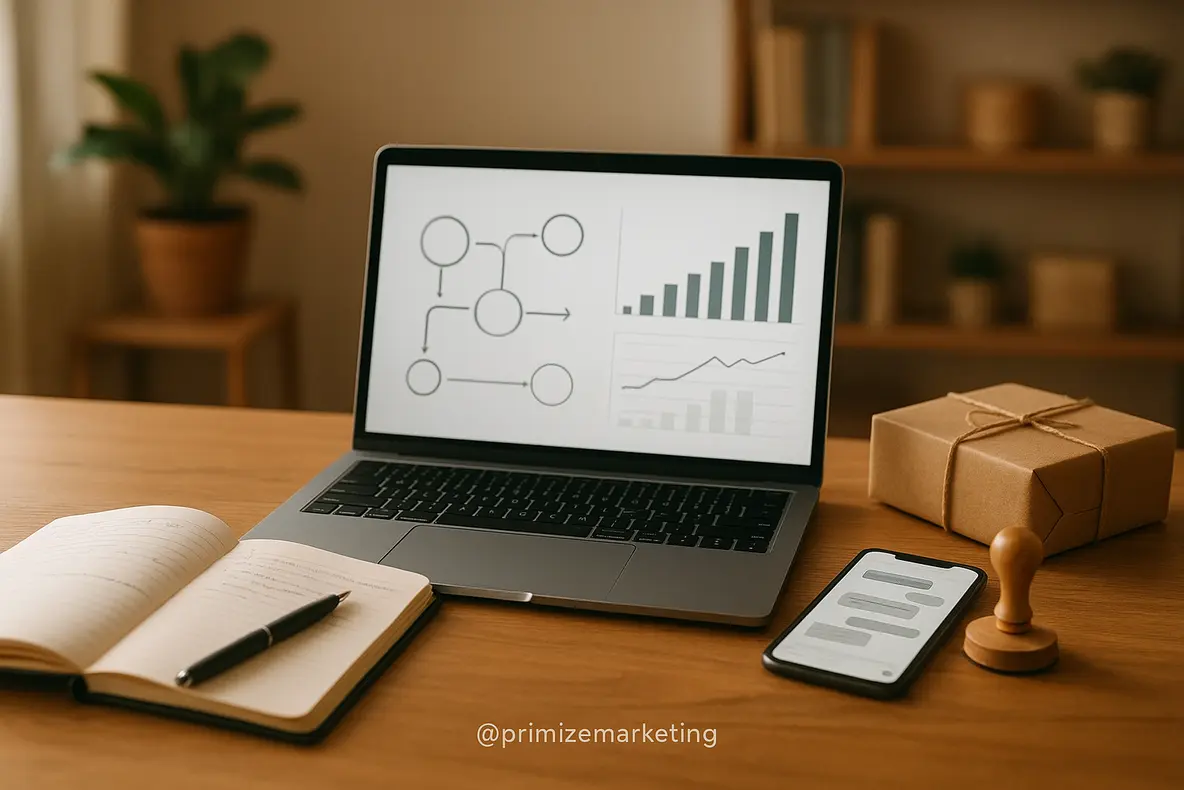 Profissionais trabalhando juntos em um escritório moderno, usando tecnologia para otimizar a estratégia de account-based marketing para pequenas empresas e impulsionar as vendas com automação.