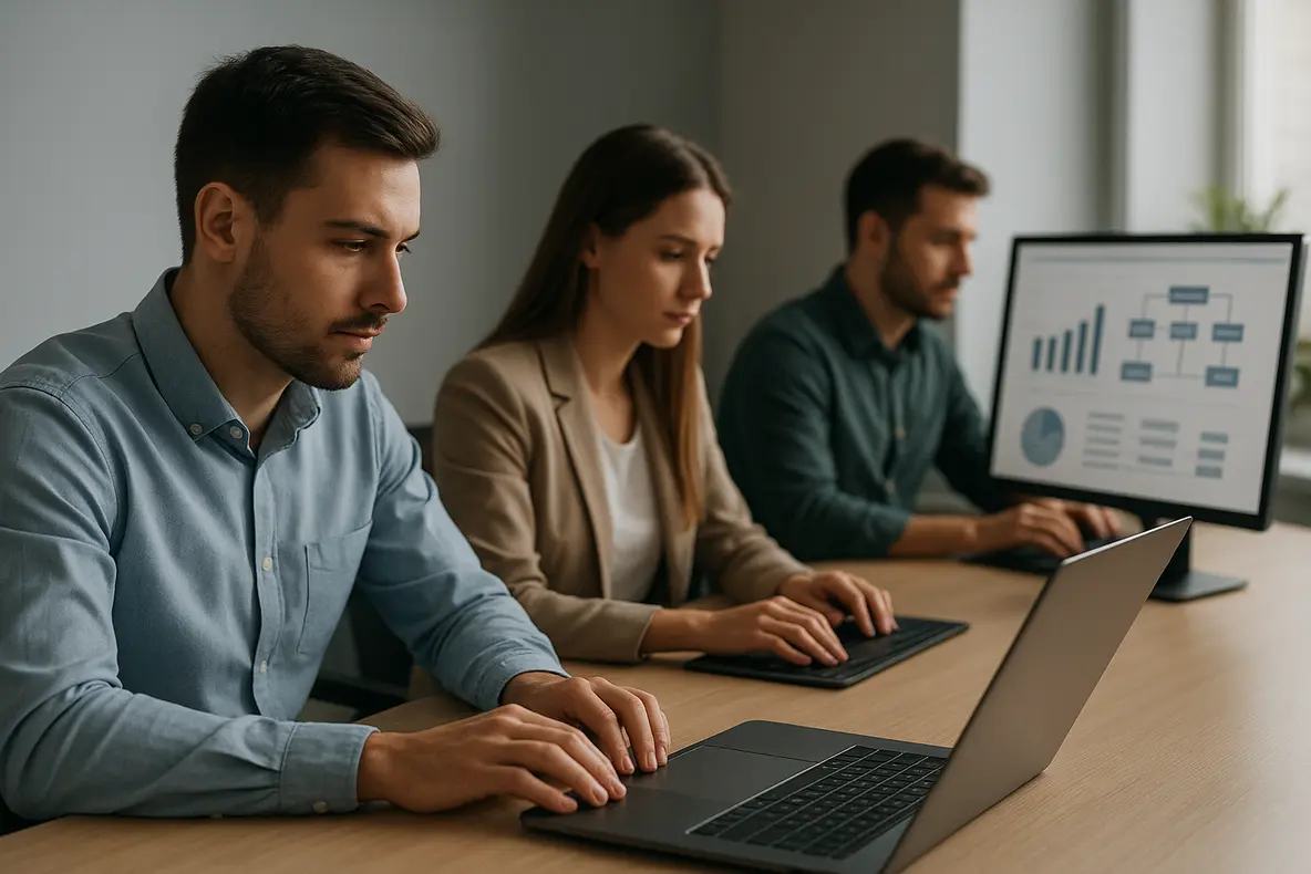Pequena equipe de negócios utilizando automação de processos de vendas com computadores e dispositivos digitais