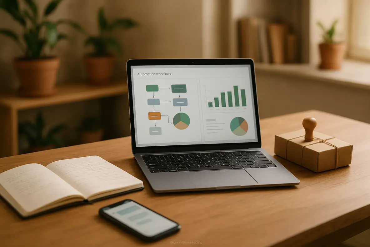 Pequena equipe de negócios utilizando automação de processos de vendas com computadores e dispositivos digitais