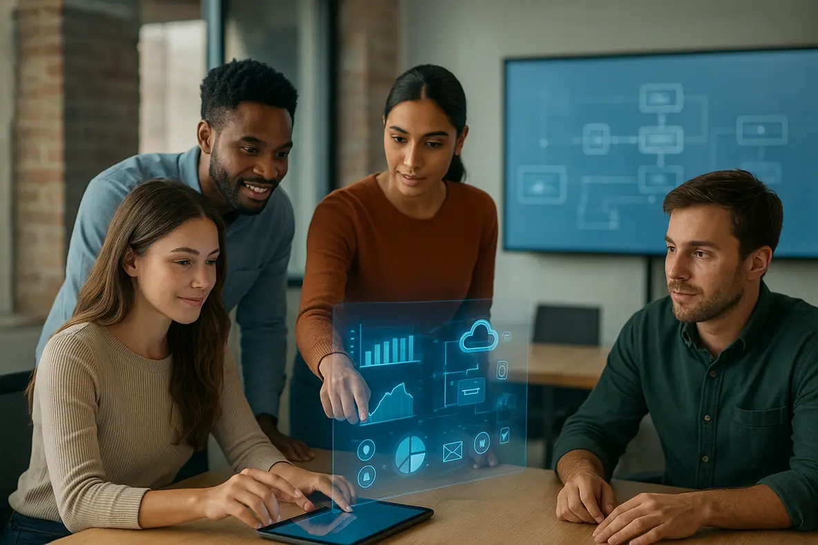 Empreendedores jovens e diversos colaboram em um escritório moderno, usando tecnologia para automatizar marketing digital em pequenas empresas e aumentar vendas.