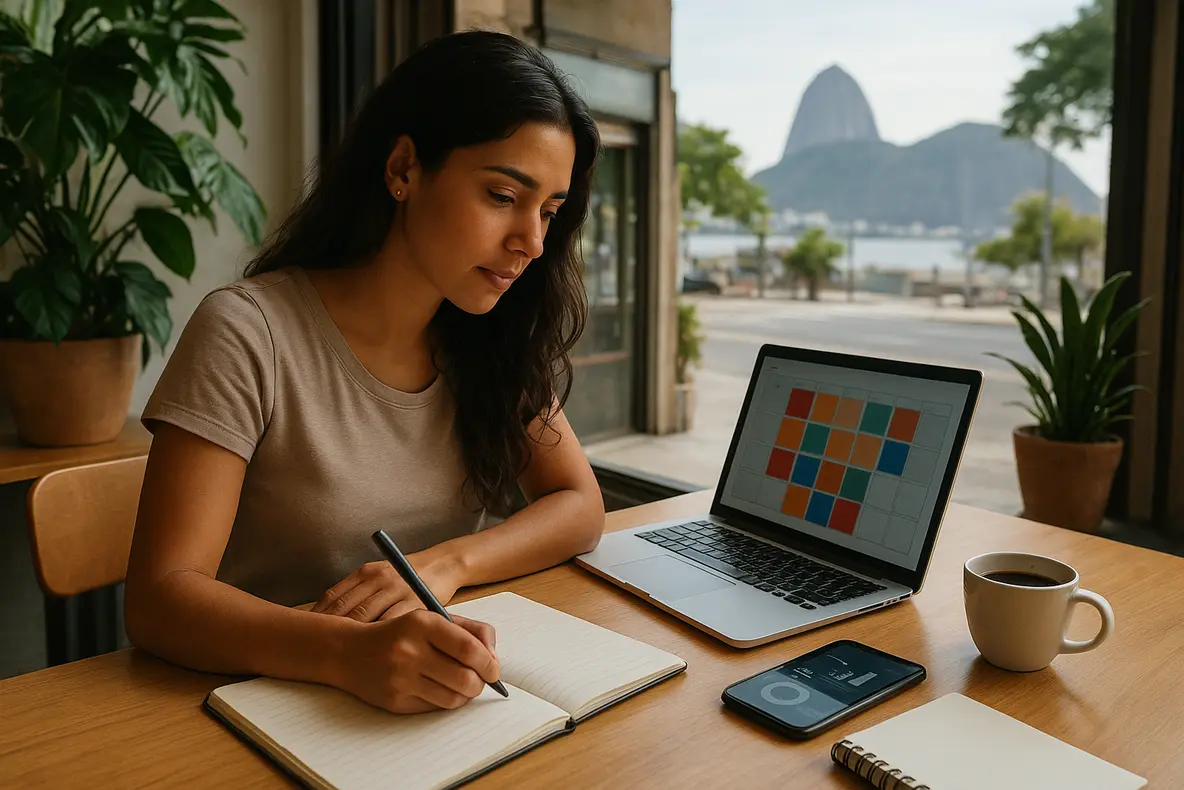Pequena empresária planejando um calendário editorial para pequenas empresas no Rio de Janeiro em uma mesa de trabalho iluminada, com laptop, celular e caderno.