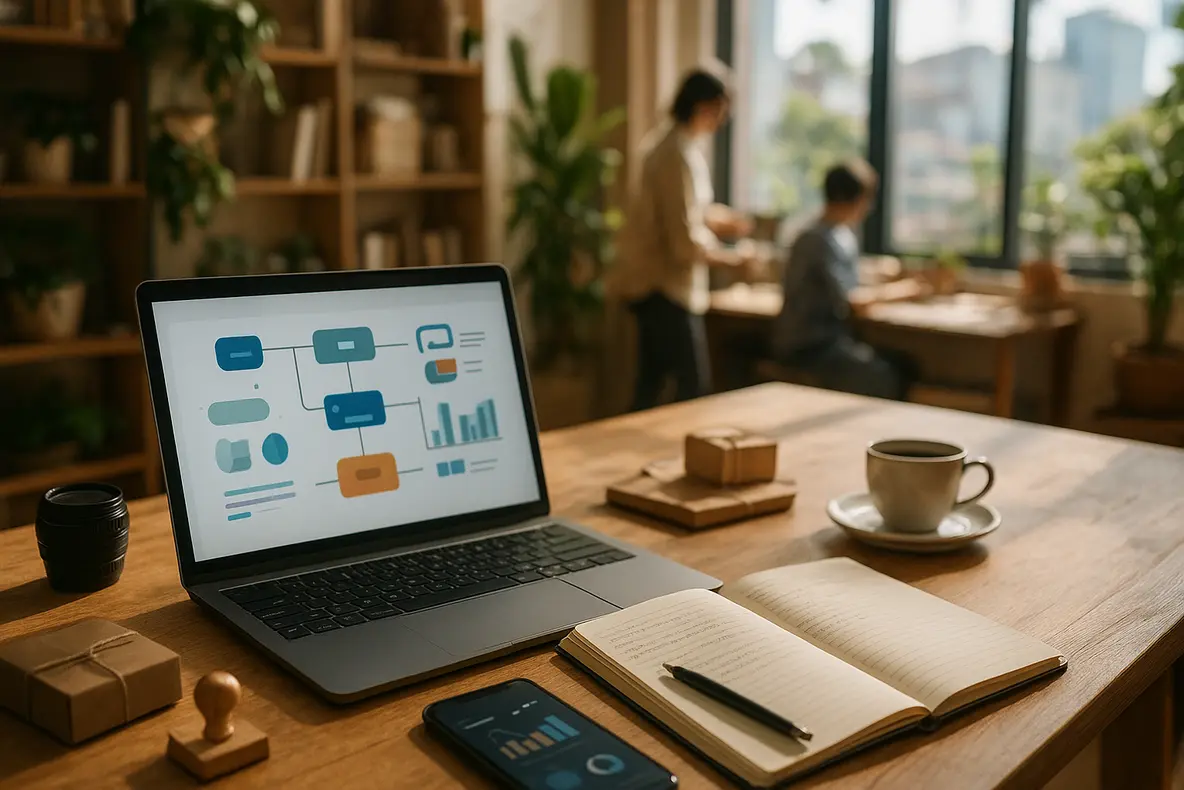 Pequena empresária planejando um calendário editorial para pequenas empresas no Rio de Janeiro em uma mesa de trabalho iluminada, com laptop, celular e caderno. - Aplicação Prática