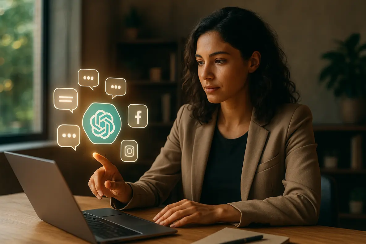 Uma empresária de pequena empresa utiliza o ChatGPT em um tablet, exibindo ícones de vendas e redes sociais, ilustrando como o chatgpt para vendas e redes sociais para pequenas empresas impulsiona o negócio.