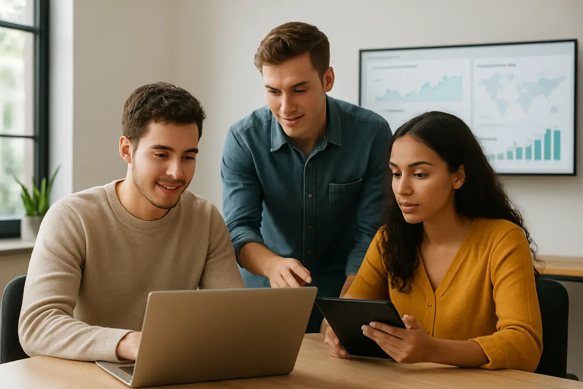 Jovens empreendedores trabalhando em dropshipping em ambiente moderno
