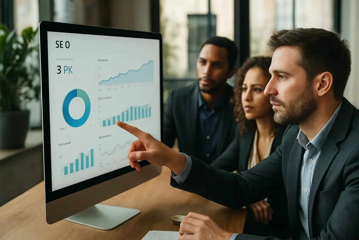 Representação de um dashboard de SEO mostrando o aumento do tráfego orgânico.