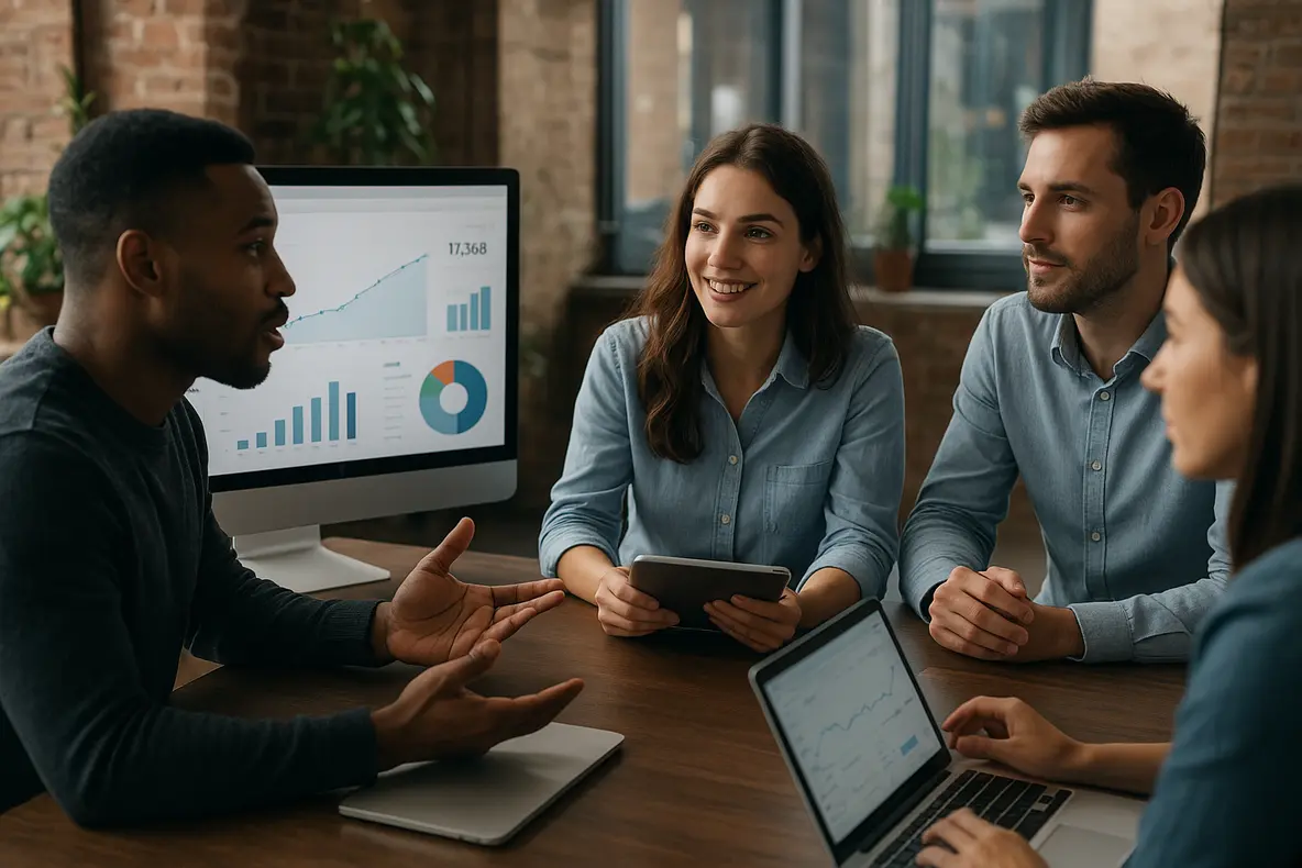 Uma equipe de marketing digital colaborando em um escritório moderno, analisando um painel digital que mostra gráficos crescentes de como aumentar visualizações de página e engajamento do site.