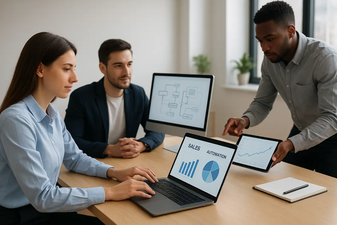 Profissionais em escritório moderno trabalhando com tecnologia para automatizar processos de vendas pequenas empresas