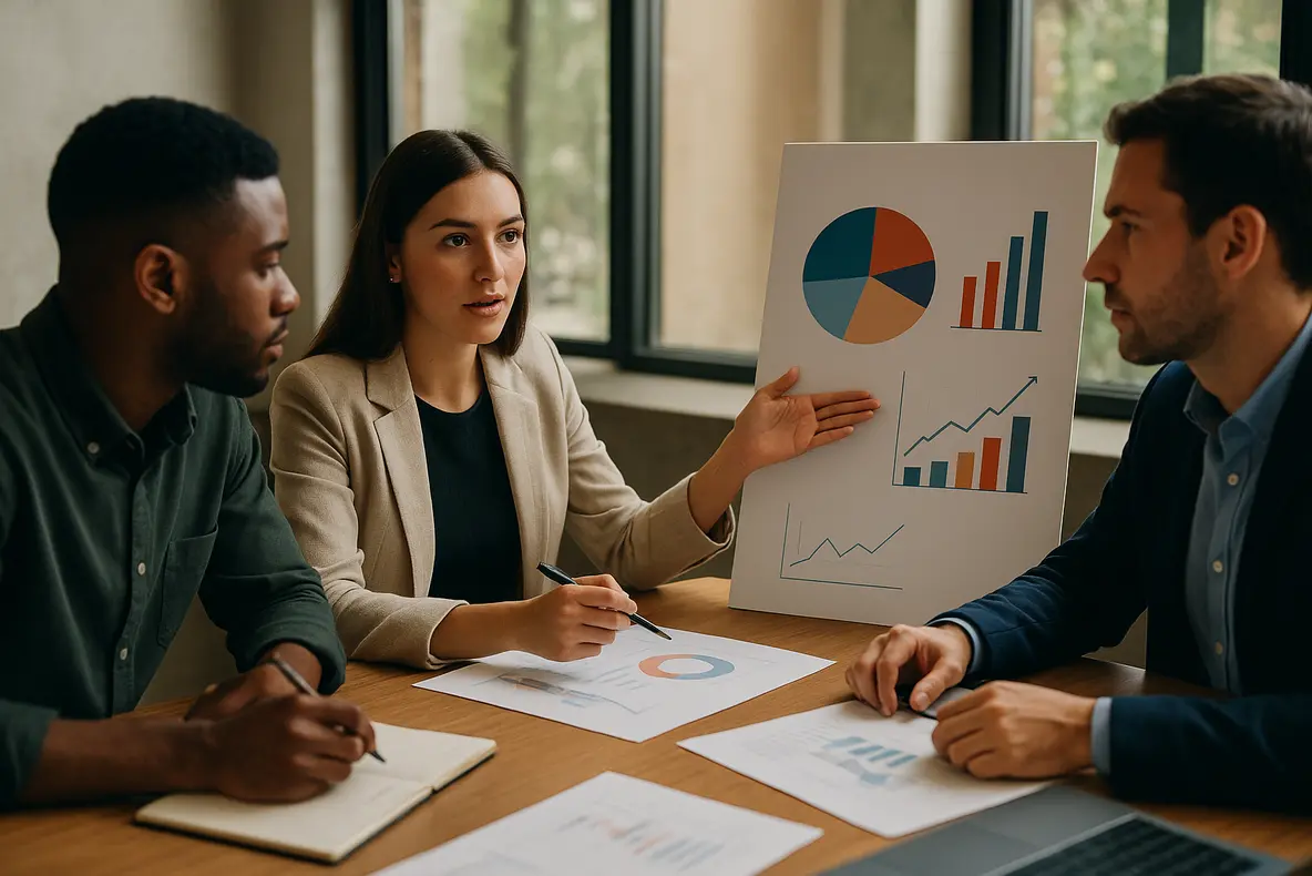 Profissional discutindo estratégias para construir uma marca que vende em ambiente corporativo.