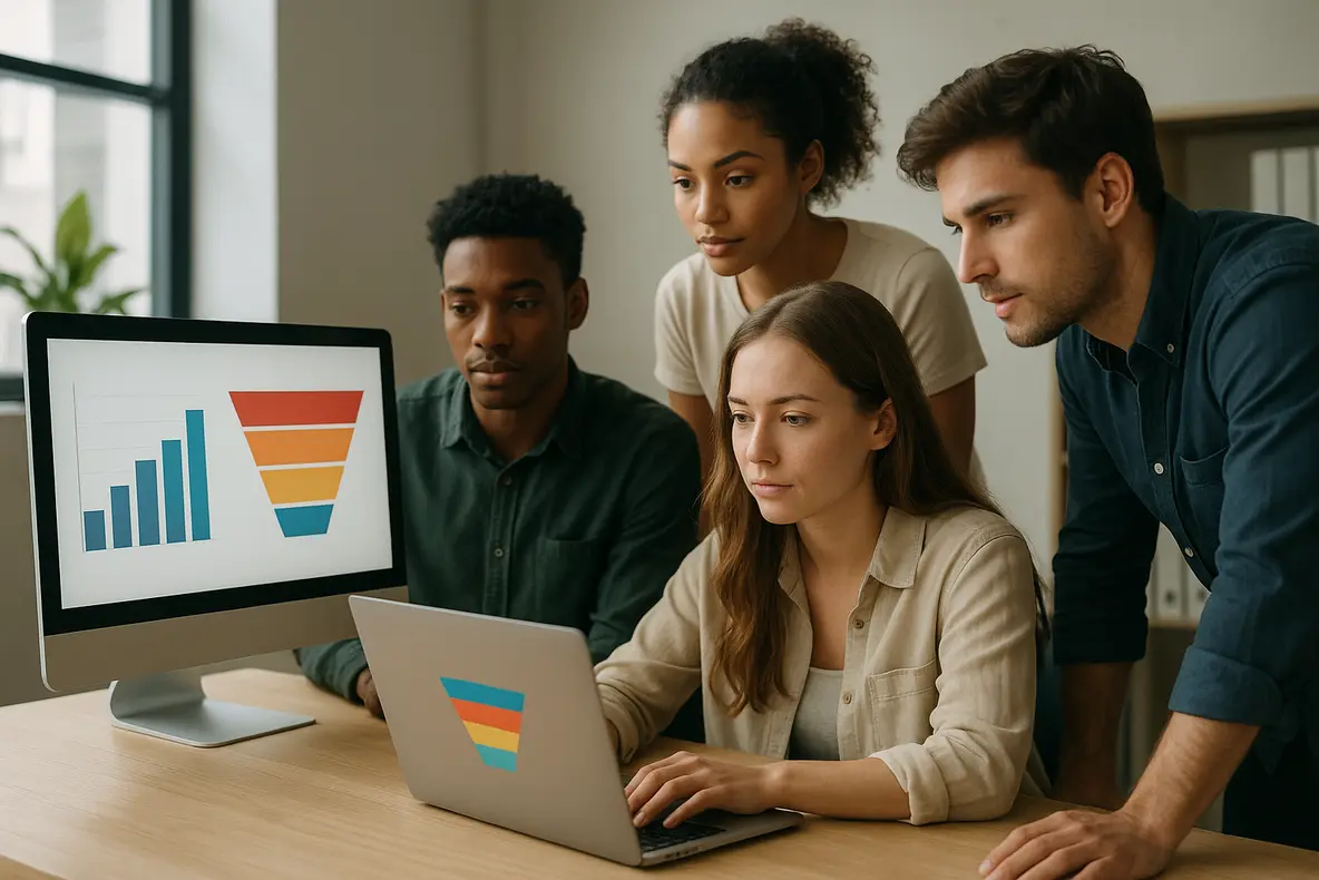 Jovens empreendedores desenvolvendo funil de vendas para pequenos negócios de alta conversão em ambiente moderno