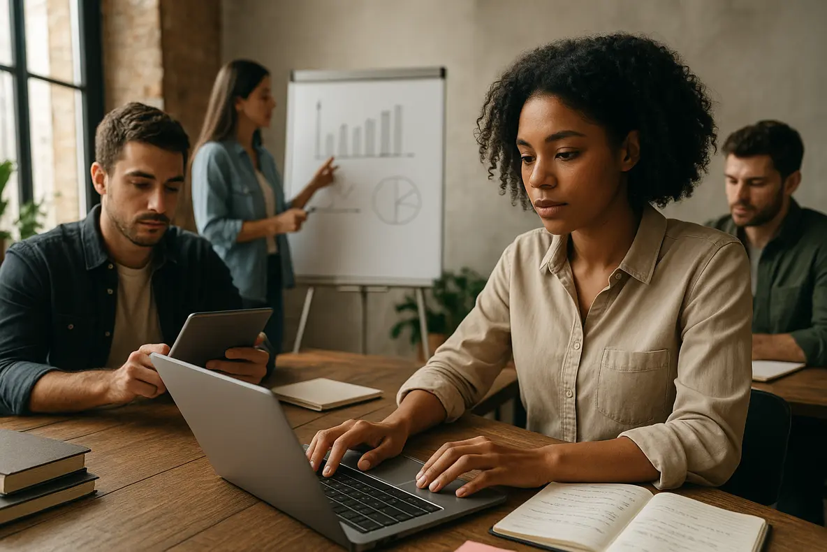 Ambiente de workshop online com pessoas aprendendo e criando produtos de informação para vender online.