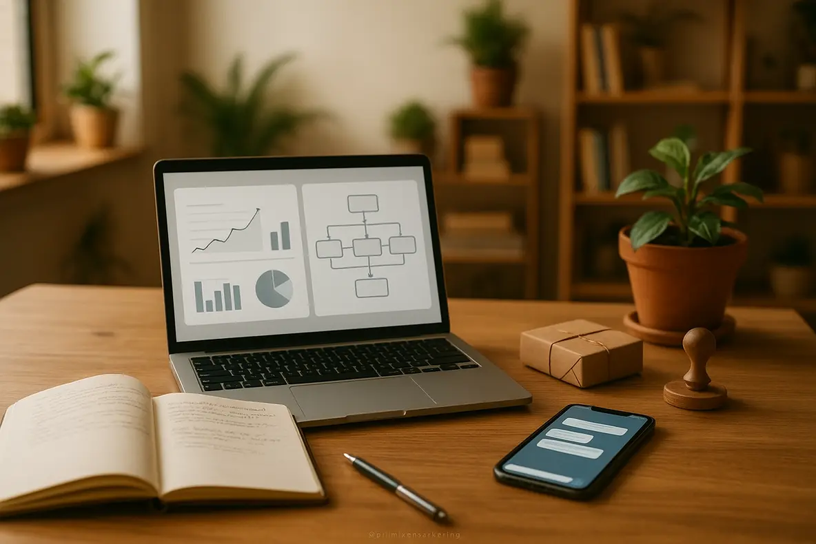 Pequena empresa usando programa de indicação digital automatizado para aumentar vendas online