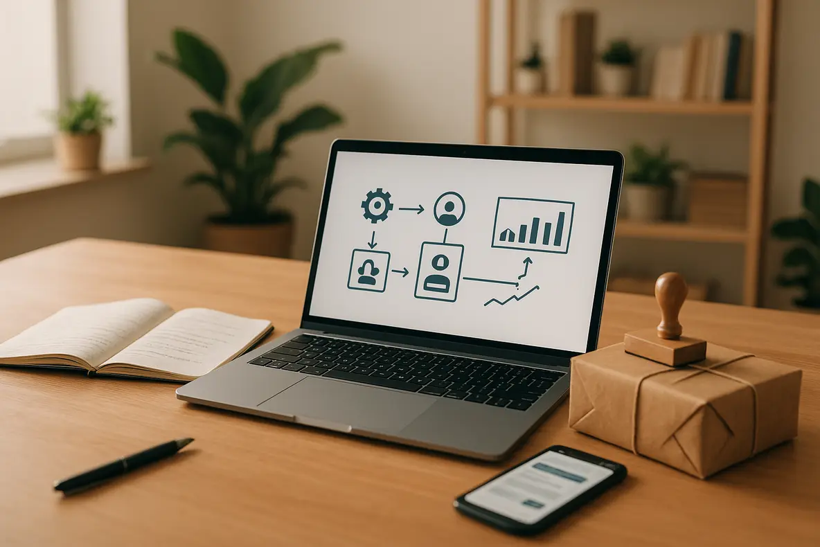 Pequeno empresário utilizando programa de indicação digital automatizado para aumentar vendas