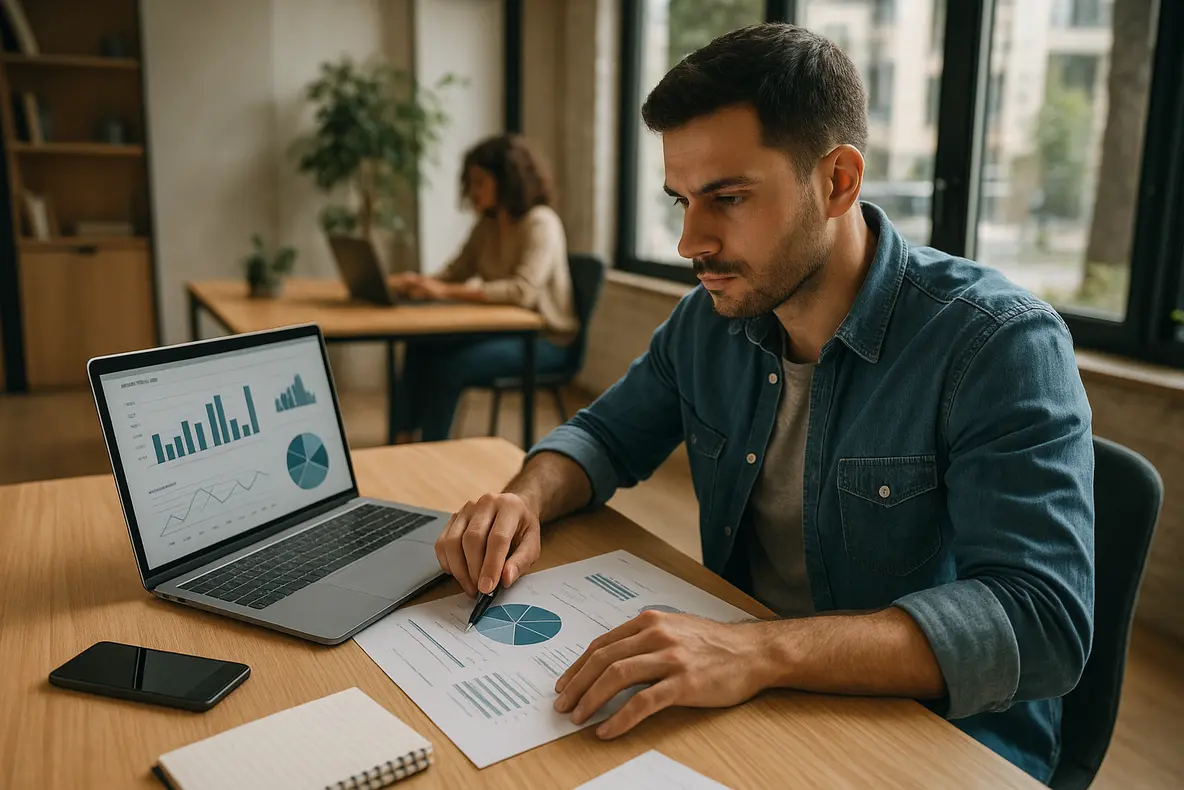 Criador de conteúdo estratégico analisando dados de audiência e planejamento, ilustrando como empreender como criador de conteúdo.