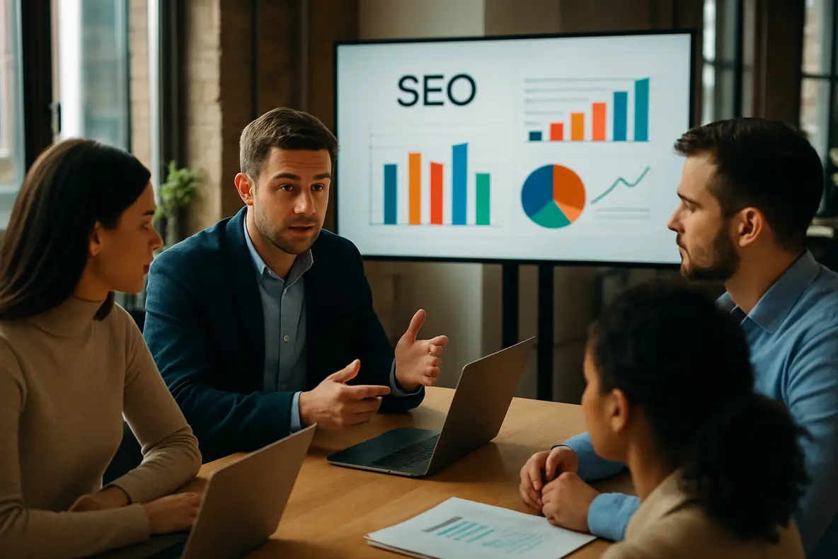 Team discussing the best SEO plan for 2026 with charts displayed.