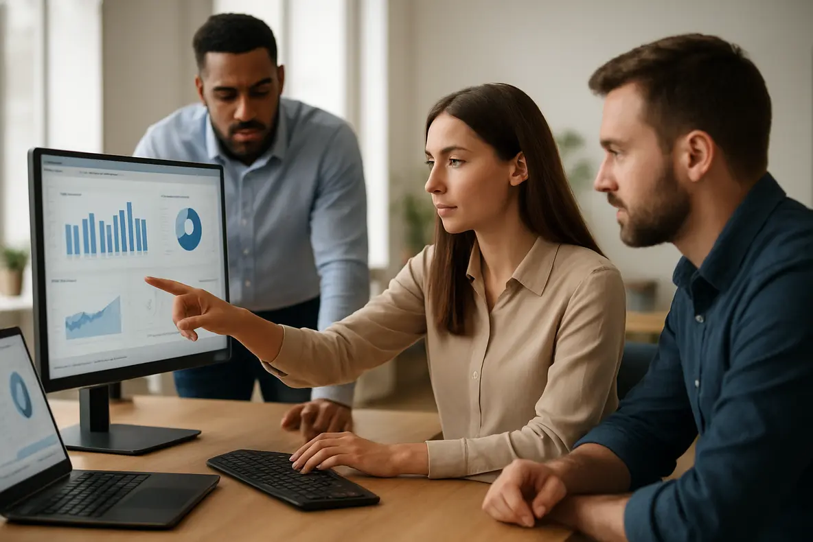 Equipe de pequena empresa usando automação eficaz em vendas para melhorar processos e resultados