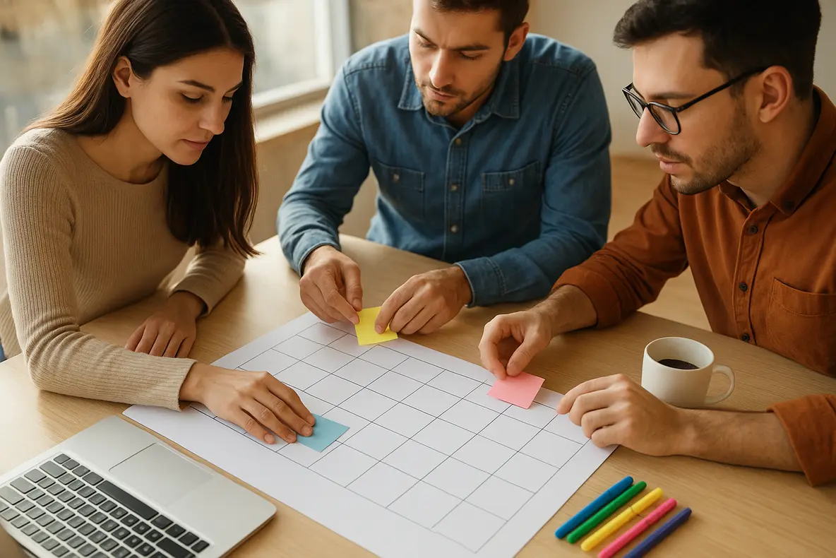 Equipe de pequenos negócios planejando como montar calendário editorial para redes sociais em uma mesa com laptop, marcadores e calendário em branco.