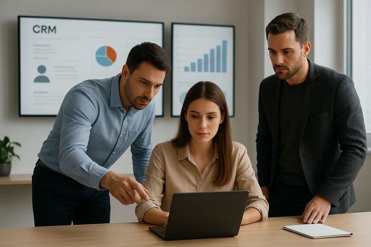 Ilustração de uma equipe de pequenas empresas usando estratégias de CRM para aumentar vendas