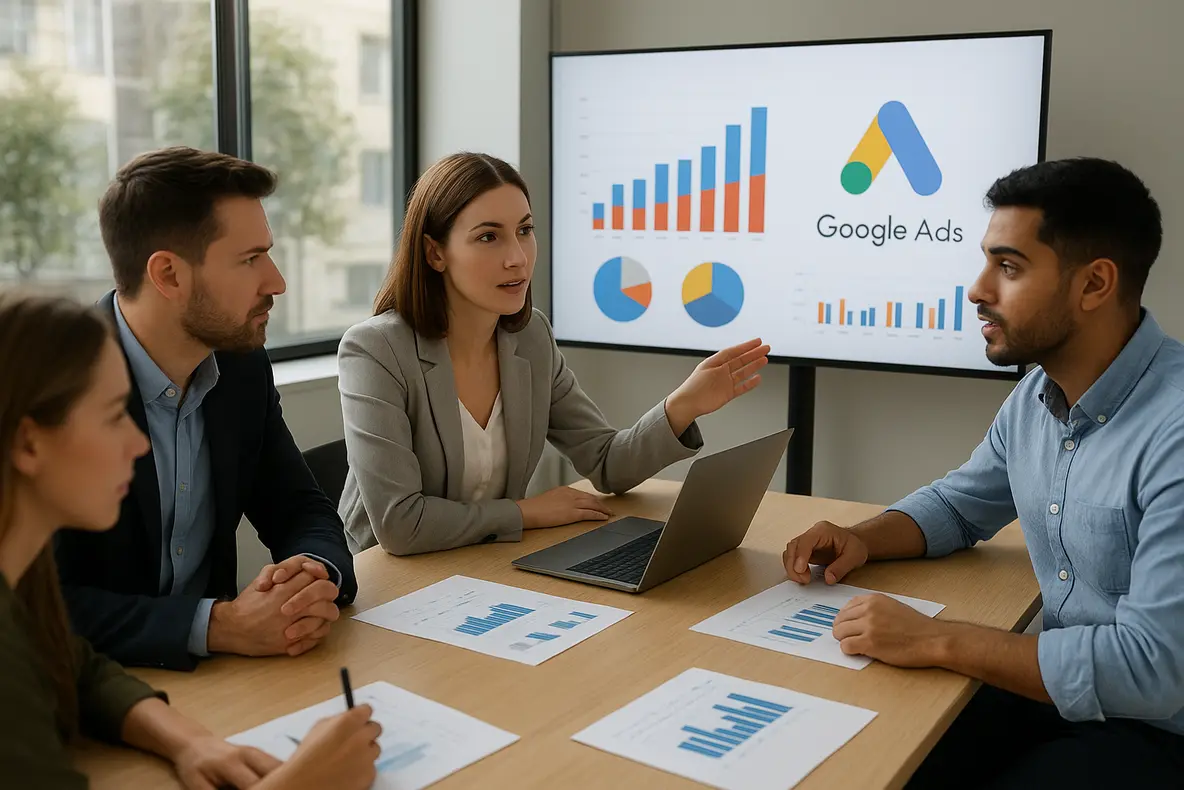 Grupo de empreendedores em um ambiente corporativo discutindo estratégias para otimizar custo por clique no Google Ads.