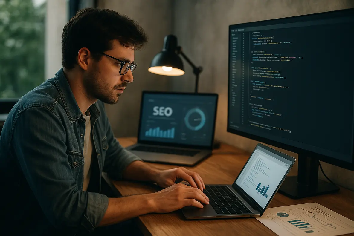 Desenvolvedor otimizando SEO para sites JavaScript em um ambiente de trabalho tecnológico.