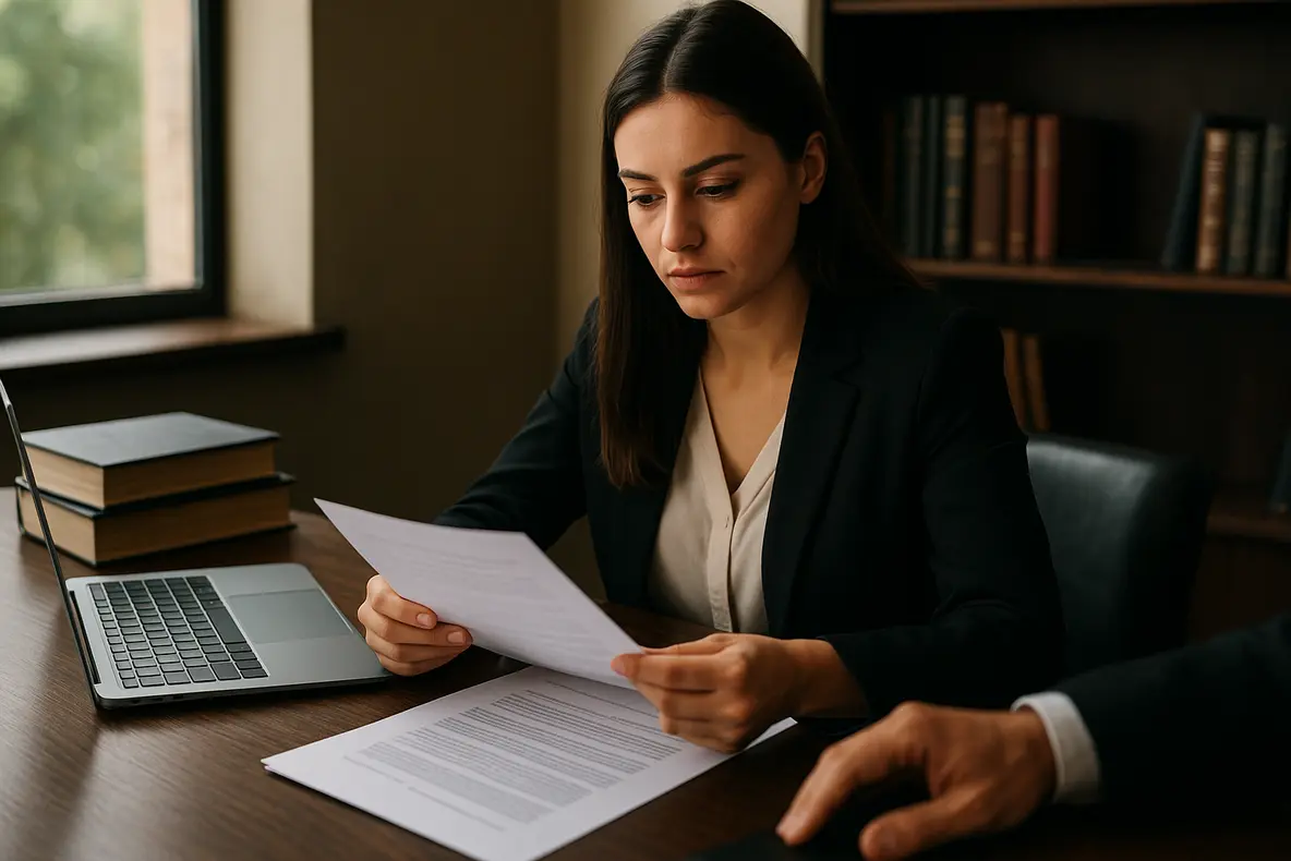 Image depicting a professional reviewing trademark registration documents, illustrating how to register your brand in Brazil.