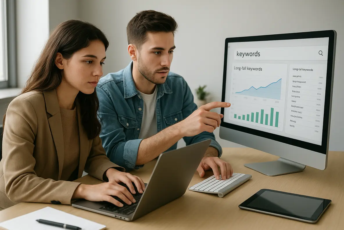 Equipe de marketing jovem analisando palavras-chave long tail para Google Ads em moda masculina jovem