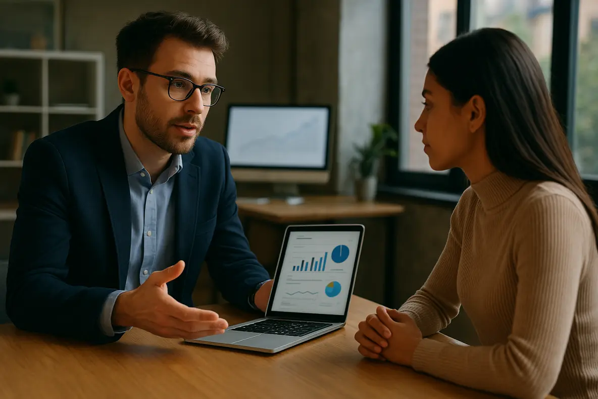 Consultor de marketing digital discutindo serviços de SEO com um cliente em uma sala de reuniões.