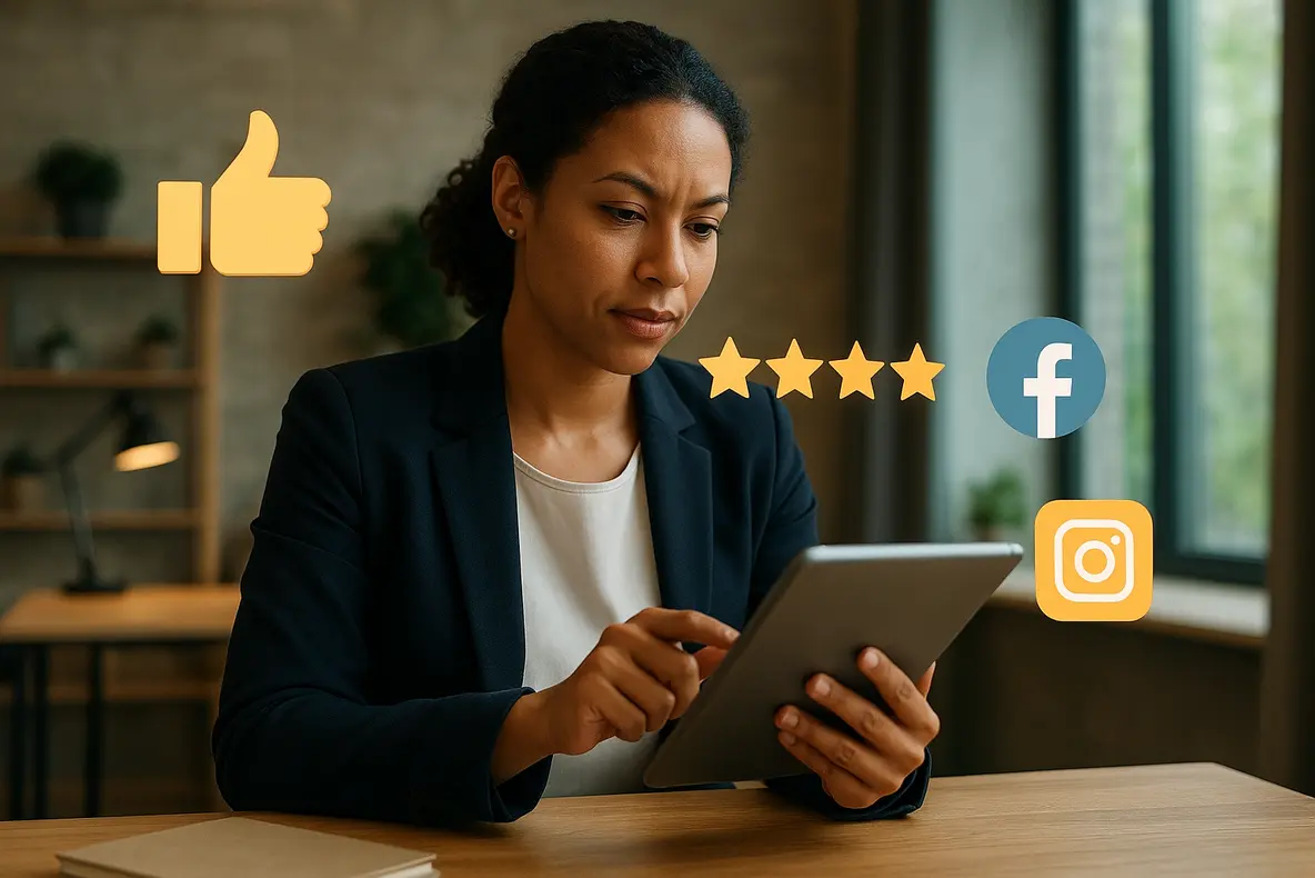 Uma pequena empresária utiliza ferramentas de gestão de reputação online em um tablet para monitorar avaliações e interagir com clientes, simbolizando o controle e o sucesso da sua marca no ambiente digital.