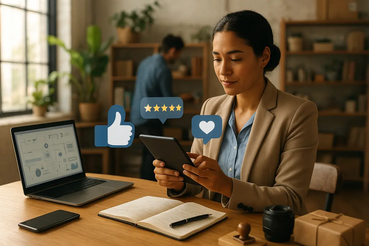 Uma pequena empresária utiliza ferramentas de gestão de reputação online em um tablet para monitorar avaliações e interagir com clientes, simbolizando o controle e o sucesso da sua marca no ambiente digital. - Aplicação Prática