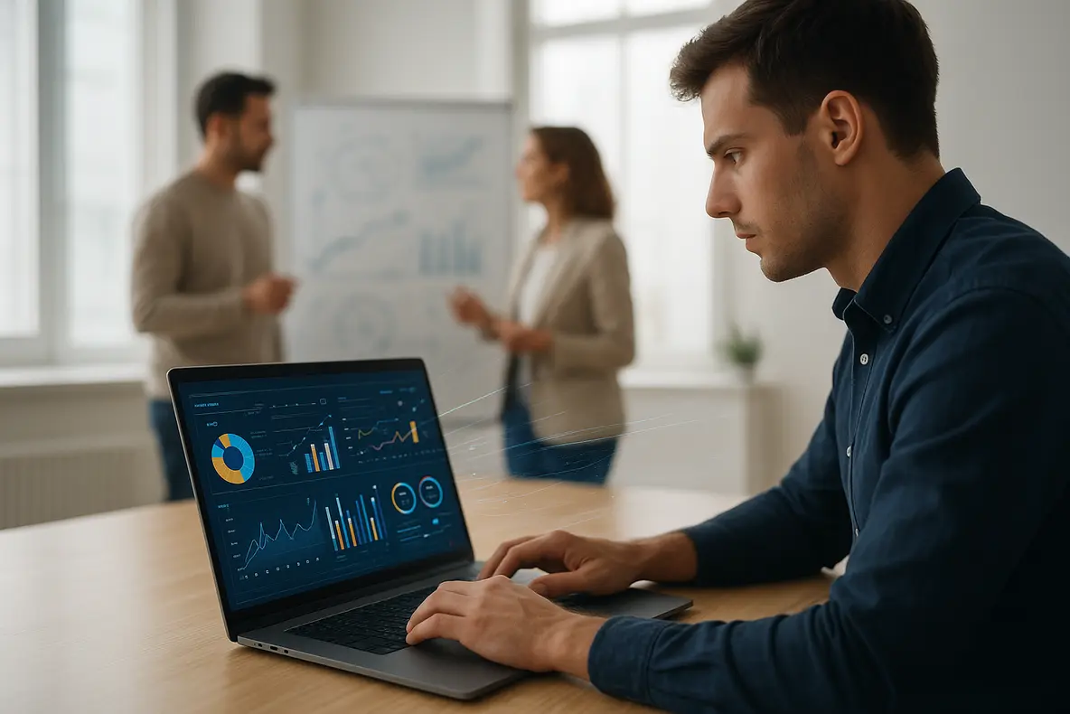 Um profissional analisando um dashboard de marketing digital para pequenas empresas em um laptop, com dados visuais de crescimento e uma equipe colaborando ao fundo.