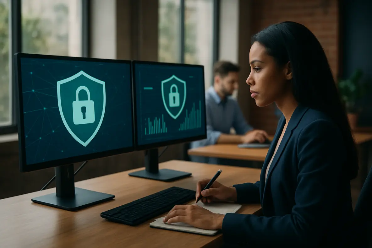 Ambiente corporativo moderno com telas digitais sobre os benefícios do HTTPS para negócios online.