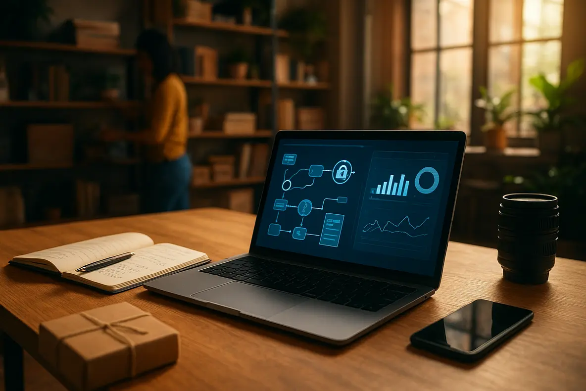 Ambiente corporativo moderno com telas digitais sobre os benefícios do HTTPS para negócios online. - Aplicação Prática