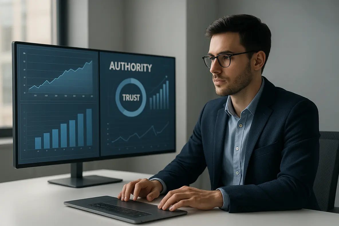 Empreendedor analisando gráficos digitais sobre autoridade e confiança em redes sociais no contexto do E-E-A-T.
