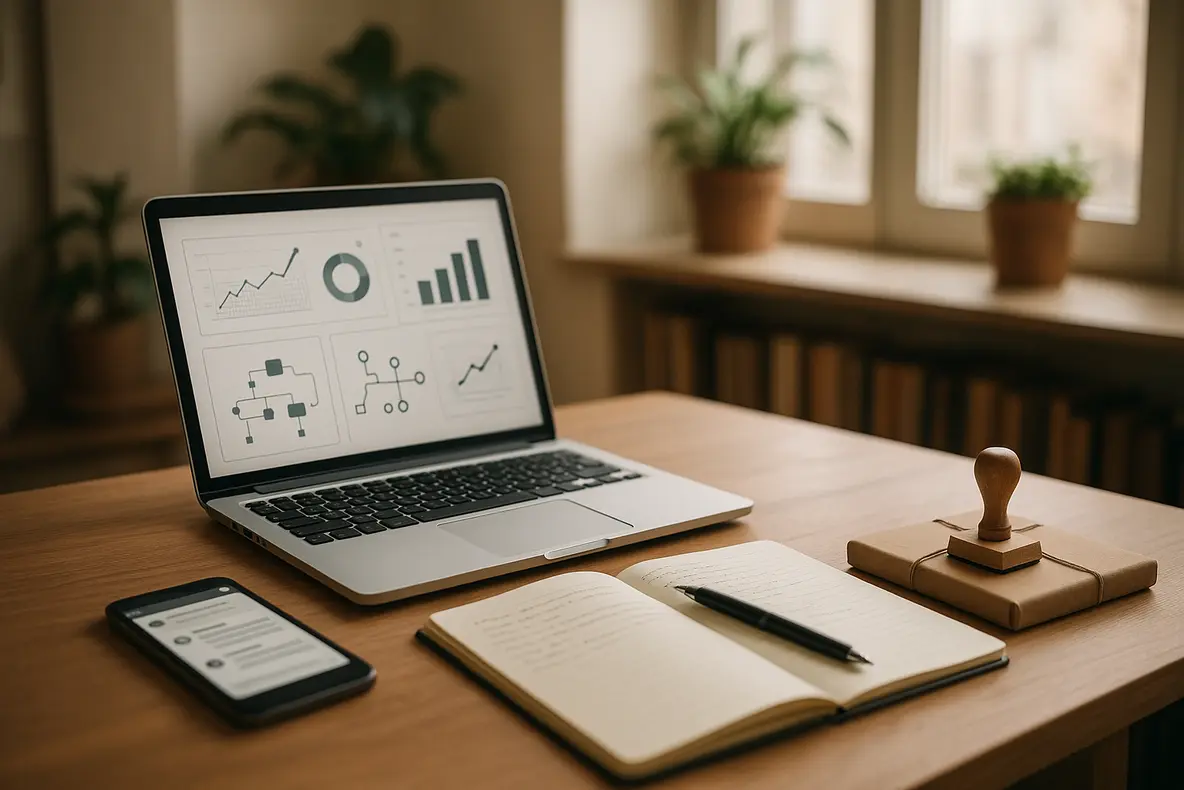 Empreendedor analisando gráficos digitais sobre autoridade e confiança em redes sociais no contexto do E-E-A-T.