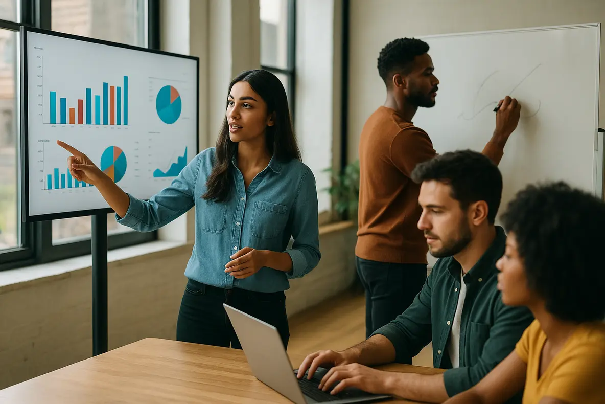 Jovens empreendedores colaboram em um ambiente moderno, simbolizando o empoderamento digital para jovens empreendedores através de estratégias e ferramentas inovadoras.