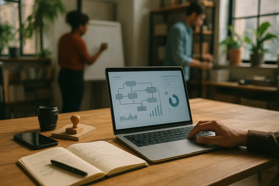 Jovens empreendedores colaboram em um ambiente moderno, simbolizando o empoderamento digital para jovens empreendedores através de estratégias e ferramentas inovadoras. - Aplicação Prática