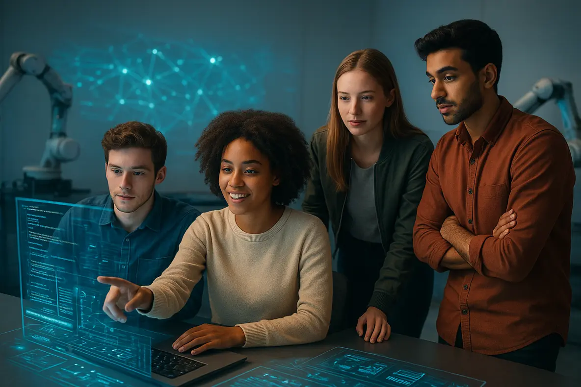 Jovens empreendedores utilizam tecnologias de automação e inteligência artificial para otimizar e expandir seus negócios, ilustrando como escalar serviços digitais jovens empreendedores.
