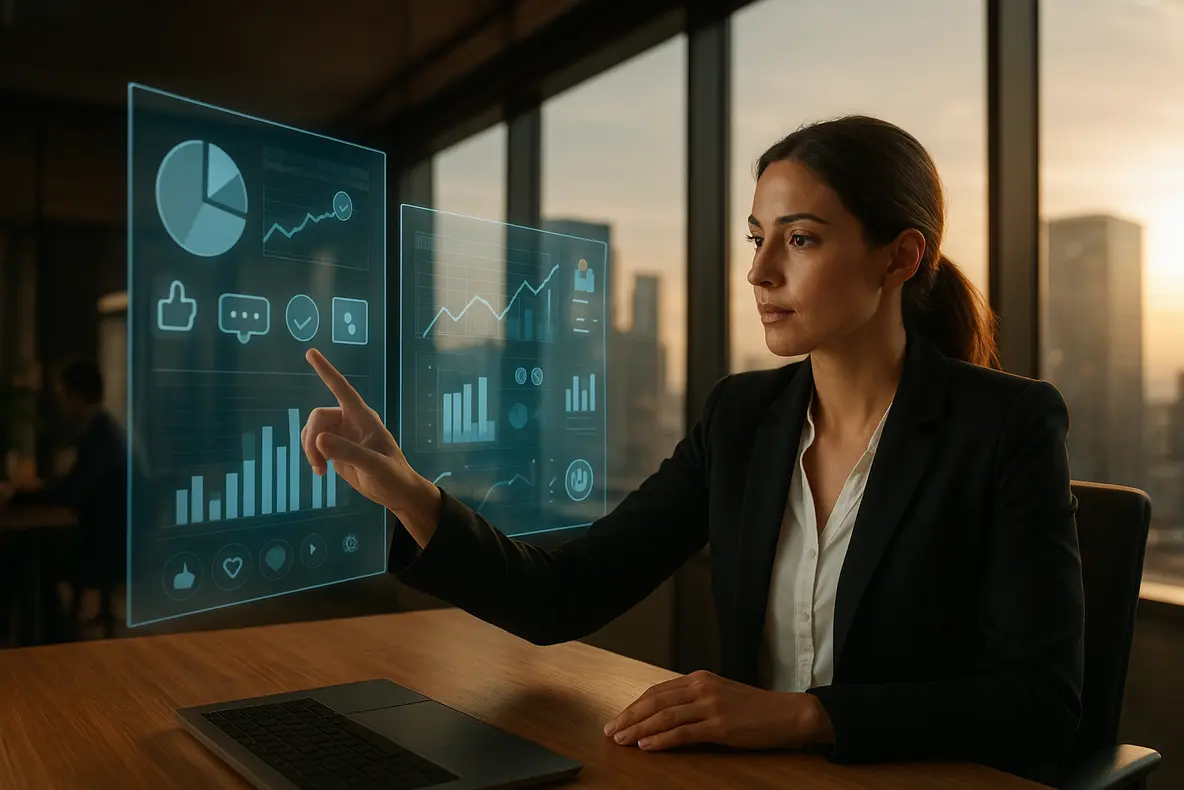Businesswoman analyzing advanced social media and sales strategies on digital holographic interfaces representing estratégias avançadas construir autoridade vender redes sociais.