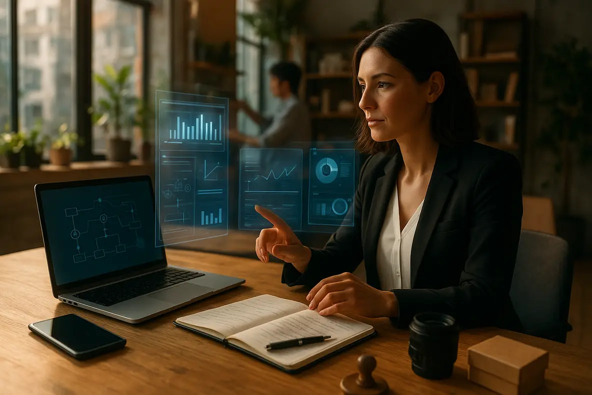 Businesswoman analyzing advanced social media and sales strategies on digital holographic interfaces representing estratégias avançadas construir autoridade vender redes sociais.