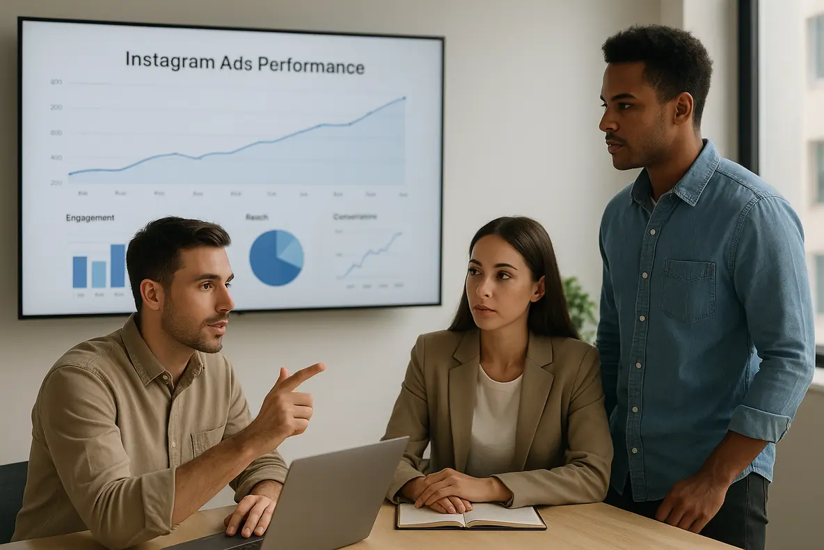 Pequena empresa em ambiente moderno analisando estratégias de Instagram Ads para pequenas empresas em um computador
