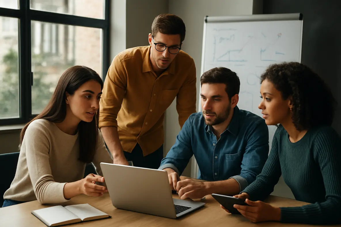 Equipa de pequenas empresas discutindo estratégias de marketing digital em um ambiente moderno.