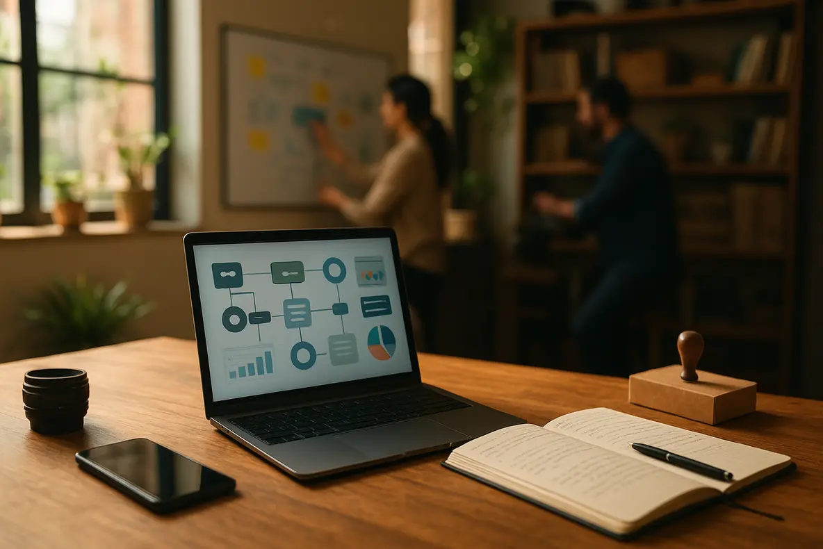 Equipa de pequenas empresas discutindo estratégias de marketing digital em um ambiente moderno. - Aplicação Prática