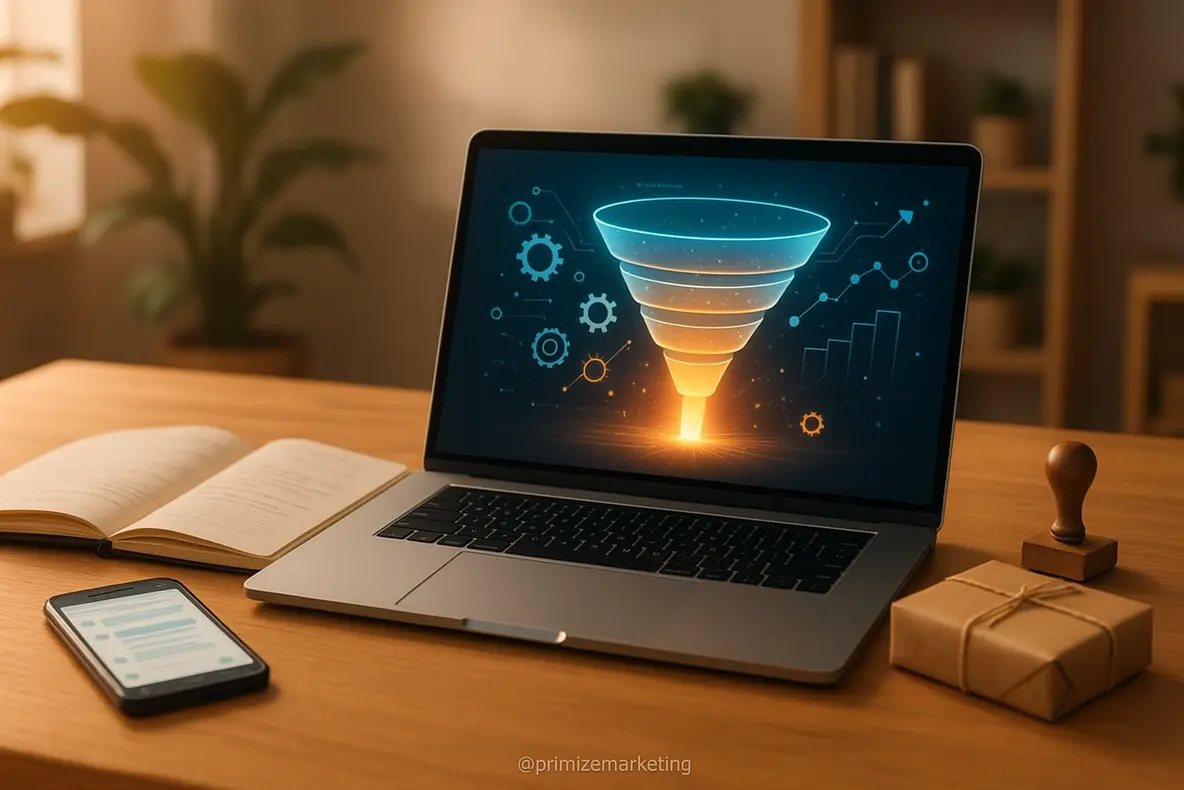 Uma representação visual de um funil de vendas eficaz para pequenos negócios digitais, mostrando o fluxo de dados e a otimização de processos.