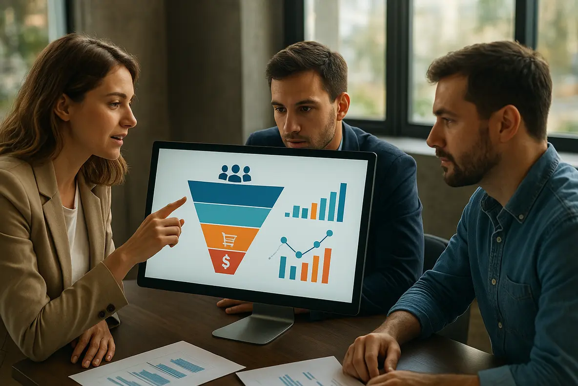 Uma ilustração digital moderna de um funil de vendas, mostrando as etapas do processo desde a atração de clientes até a conversão, simbolizando o crescimento e otimização de um funil de vendas para pequenas empresas.
