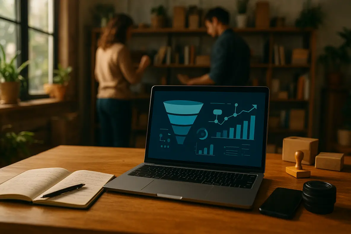 Uma ilustração digital moderna de um funil de vendas, mostrando as etapas do processo desde a atração de clientes até a conversão, simbolizando o crescimento e otimização de um funil de vendas para pequenas empresas. - Aplicação Prática