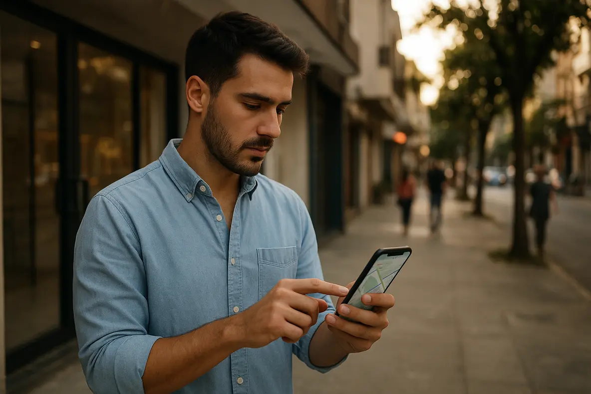 Empresário verificando o Google Business Profile no Rio de Janeiro pelo celular em frente ao seu comércio de bairro.