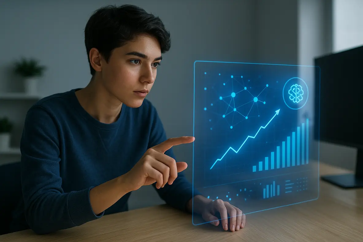 Jovem empreendedor analisando dados de conteúdo viral em uma interface holográfica, simbolizando como criar conteúdo viral com IA para vendas online e o crescimento do negócio digital.