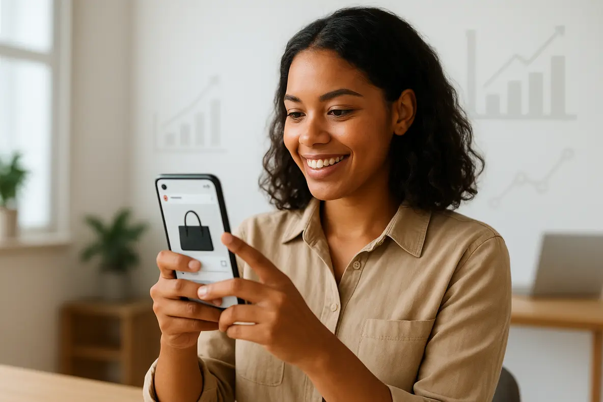 Um jovem empreendedor sorri enquanto usa o Instagram no celular em um escritório moderno, simbolizando o sucesso e as estratégias de como vender no Instagram com pouco dinheiro.