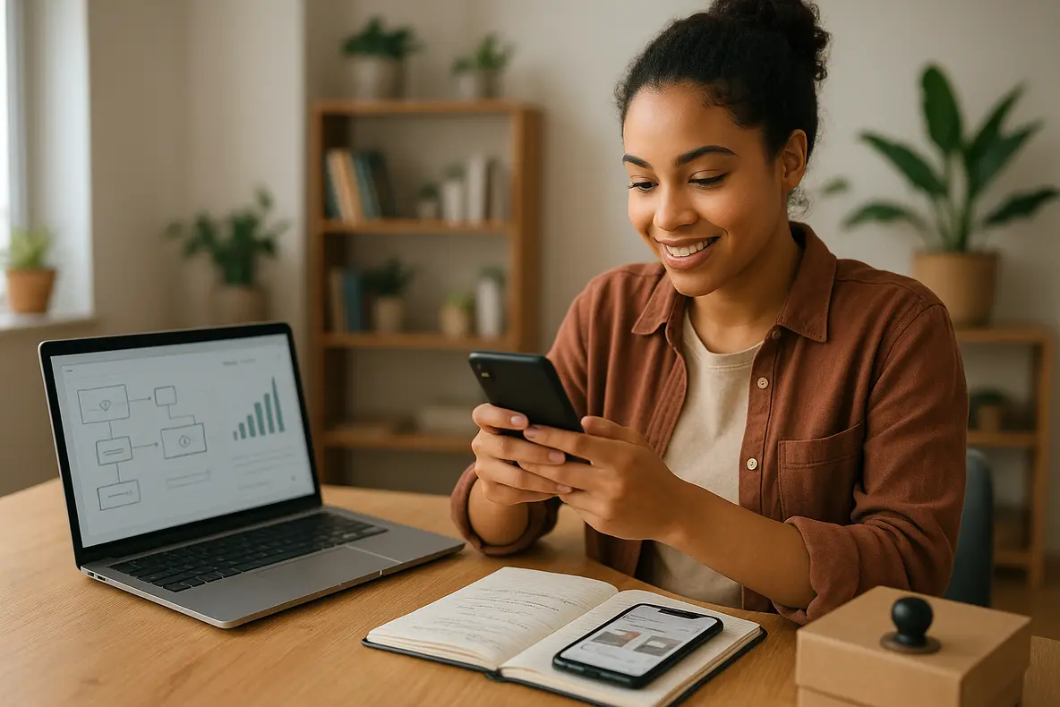 Um jovem empreendedor sorri enquanto usa o Instagram no celular em um escritório moderno, simbolizando o sucesso e as estratégias de como vender no Instagram com pouco dinheiro.